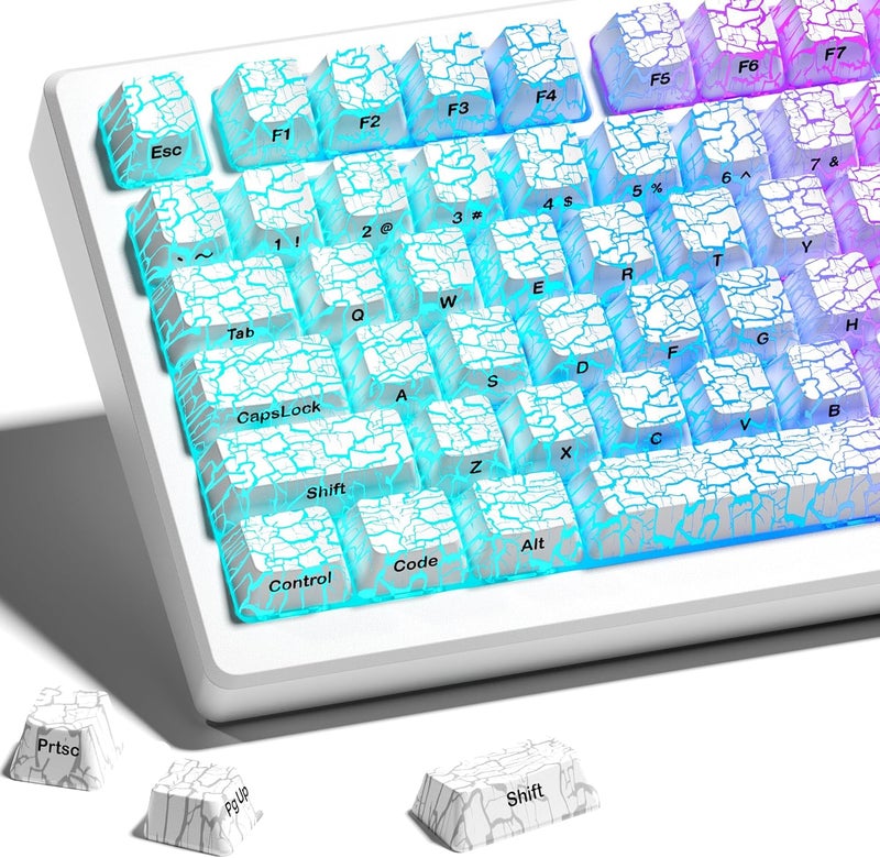 HITIME XVX Shine Through Keycaps w/IMD Tech, Custom Ice Crack Keycaps 60 75 100 Percent, White Key Cap Set 118 Keys Lines Backlit, OEM Profile Side Printed for Keyboards - Image 1